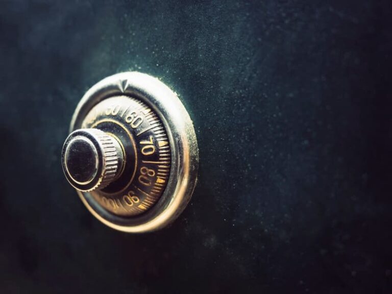 Close-up of a steel safe combination dial