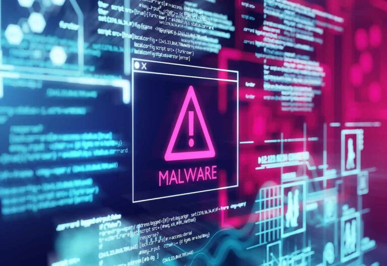 Malware warning alert on a glowing digital screen