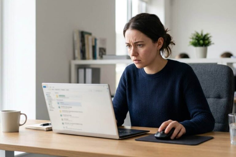 Woman sits at a wooden desk using a laptop and mouse in a bright office, looking focused on the screen.