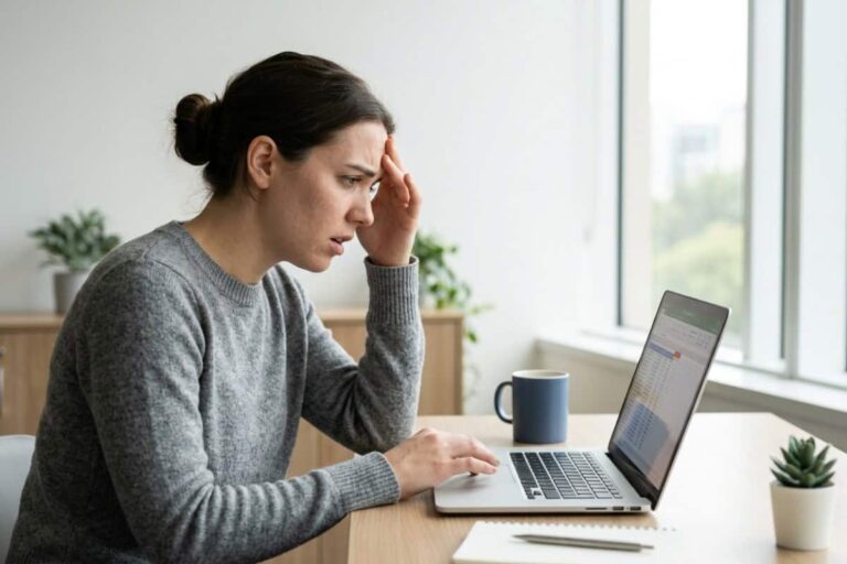 Woman looking stressed while working on a laptop at a desk