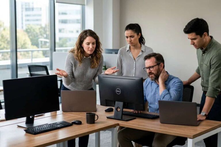 Four coworkers gather around a desk with a Dell monitor, discussing something on the screen in a bright office.
