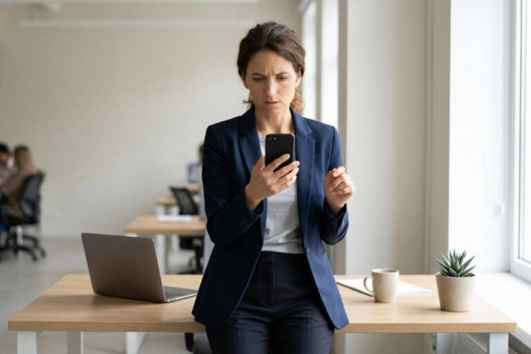 Businesswoman checking her phone while standing at a desk