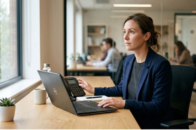 Businesswoman working on a laptop in a modern office