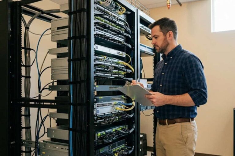 Man in plaid shirt checks a server rack with a clipboard in a data center.