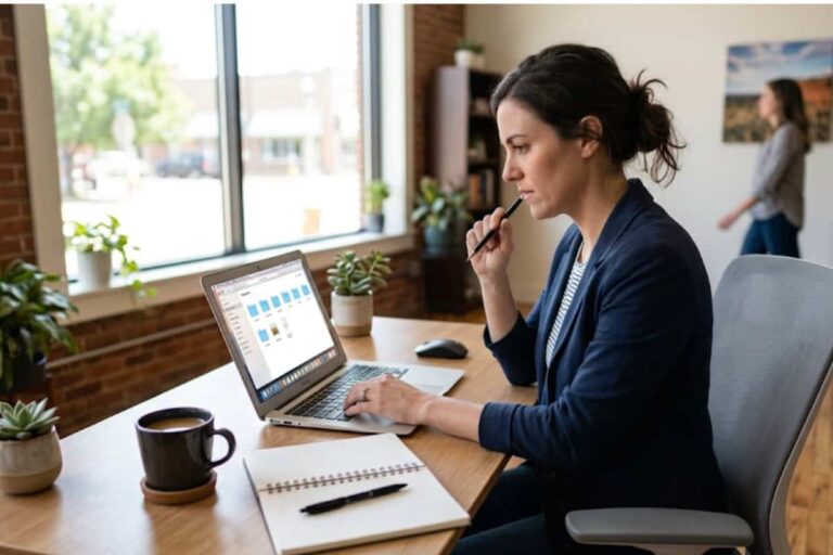 Woman working at a desk with laptop, holding a pen near her mouth, in a bright office with plants and a coffee mug nearby