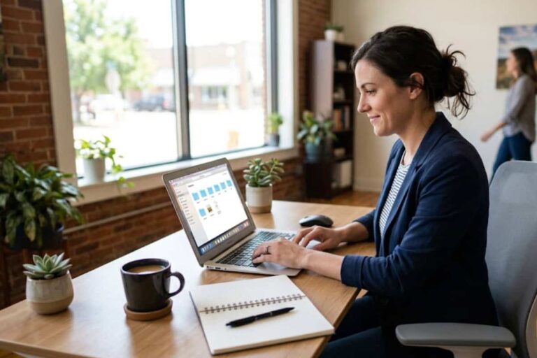 Woman in a blue blazer typing on a laptop at a wooden desk by a window, with a notebook and coffee mug nearby.