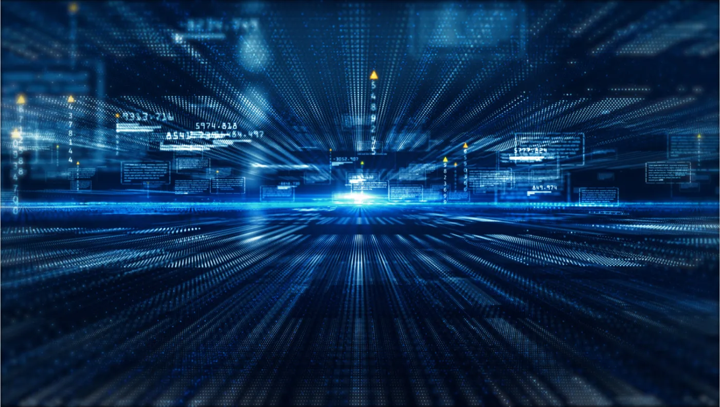 Streams of blue light and data readouts converging on a point