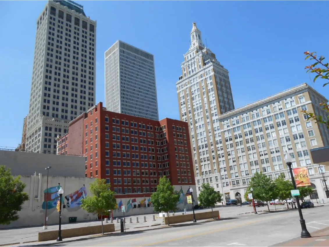 Downtown Tulsa, with the Philtower and the Mid-Continent Tower against a blue sky